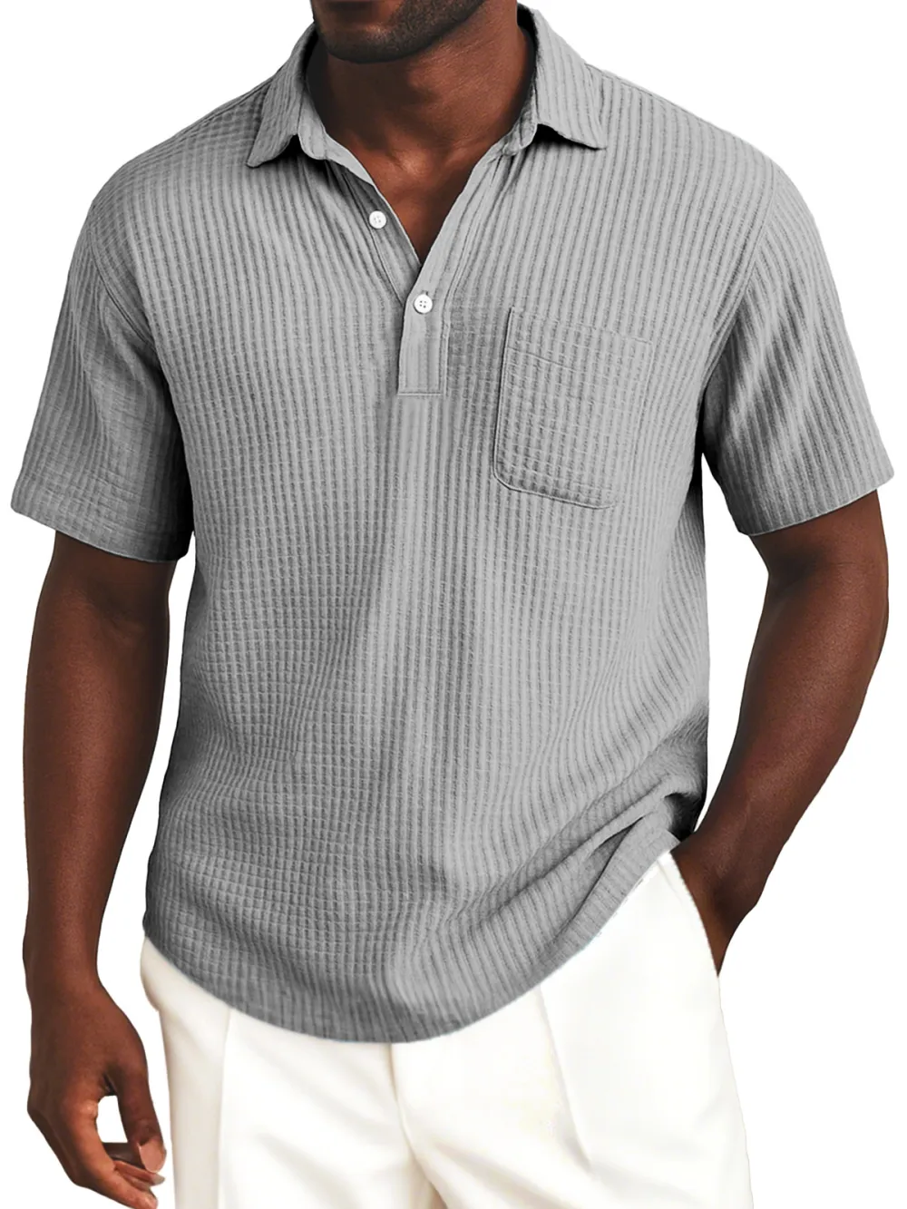 Men's Simple Everyday Solid Color Waffle Lapel Button-up Polo Shirt
