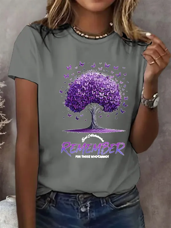 Women'S Alzheimer'S Awareness End Alzheimer Remember For Those Who Cannt Butterfly Printed Short Sleeve T-Shirt