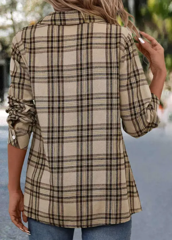 Light Coffee Button Plaid Long Sleeve Shirt