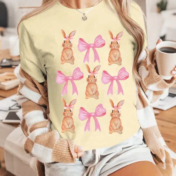 Easter Bunny And Bow Printed Round Neck Short Sleeve T-Shirt