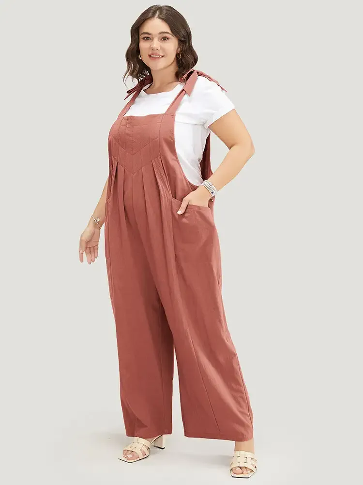 Solid Pleated Detail Pocket Knotted Shoulder Overall Jumpsuit