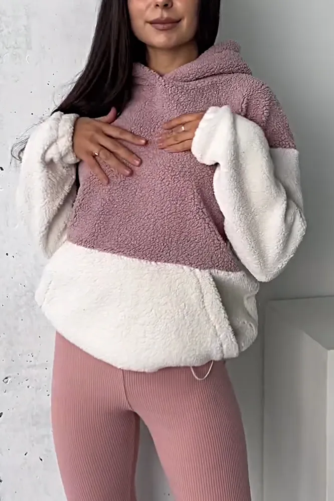 Women's contrast fleece hoodie and pants two-piece set
