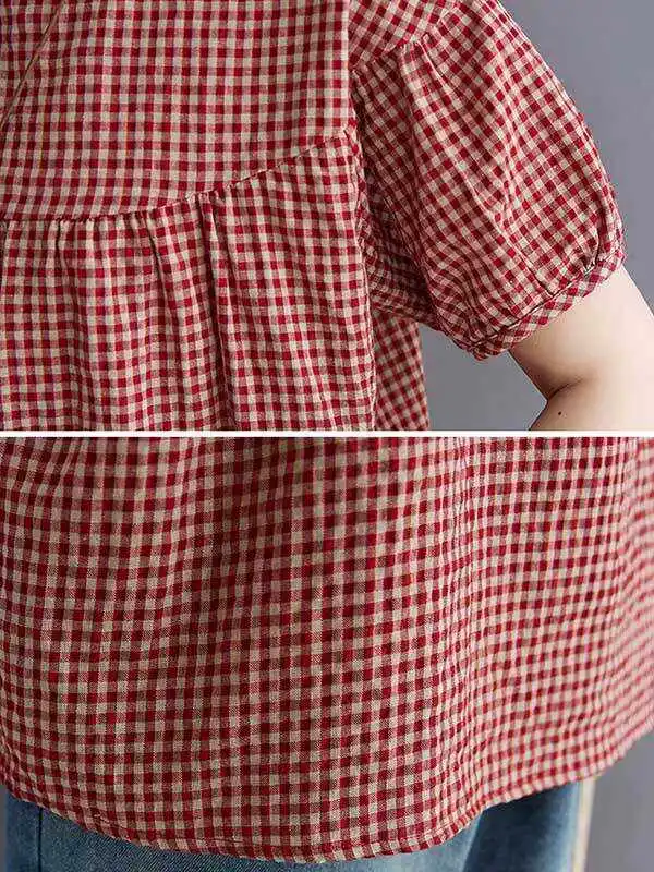 Cotton Blend Plaid Polo Puff Sleeve T-Shirts Tops