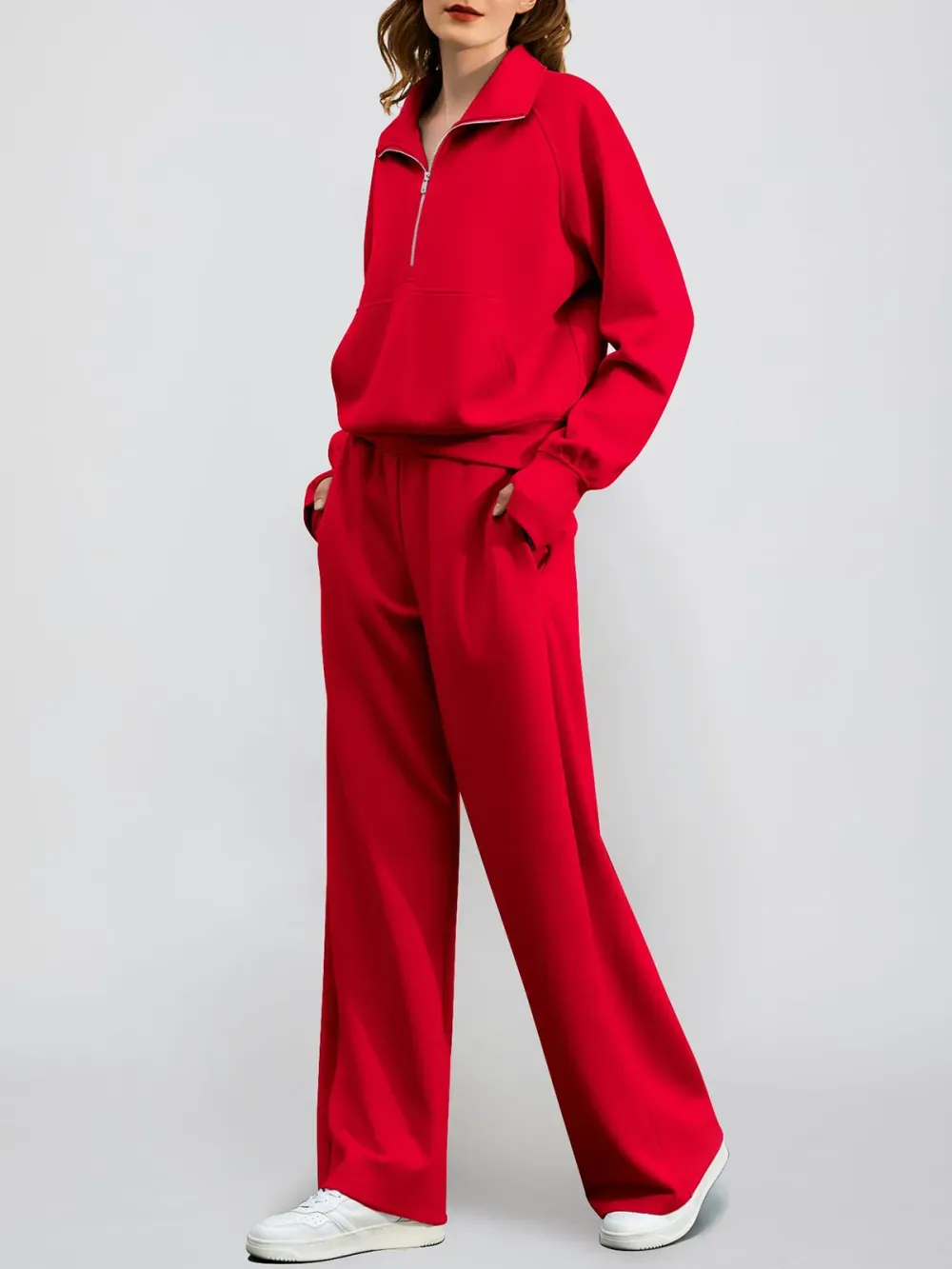 Women's Oversized Half Zip Wide Leg 2 Piece Outfits Lounge Set