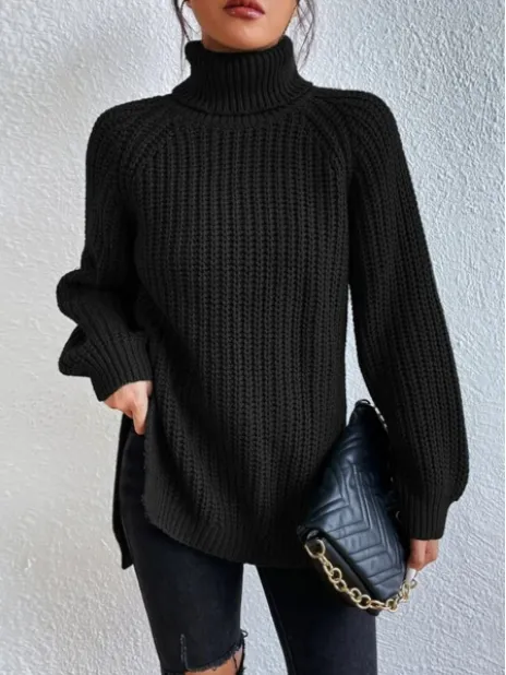 Christmas Sale - 49% off-Cotton Turtleneck Raglan Sleeve Split Hem Sweater