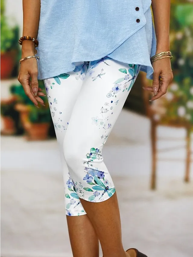 Women's Capri shorts Black / White Khaki Red Mid Waist Fashion Casual Weekend Print Stretchy Calf-Length Tummy Control Animal S M L XL XXL / Skinny
