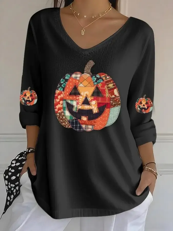 Women's Casual Autumn Pumpkin Bubble Ruffle Long Sleeve Top