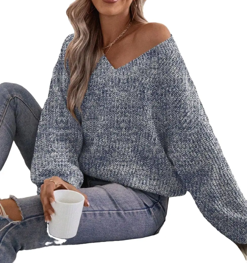 Casual Plain V neck Pullovers Long Sleeve Brown Women Sweaters (Women's)