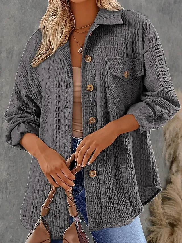 Women's Vacation Button Solid Color Breathable Fashion Loose Fit Outerwear Long Sleeve Spring