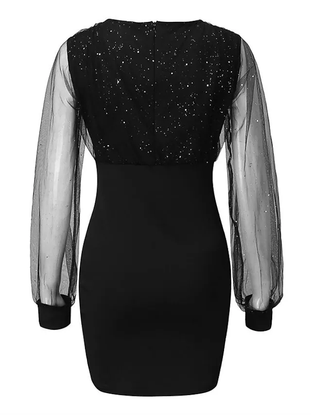 Women‘s Black Dress Wedding Guest Cocktail Dress Sexy V Neck Bodycon Patchwork Long Mesh Sleeve  Spring Summer