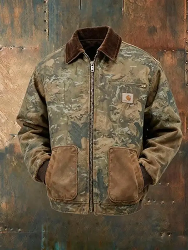 Western-Style Vintage Camouflage Print Collared Jacket