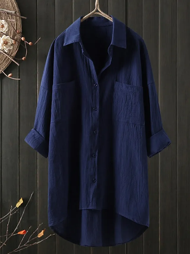 Women's Shirt Blouse Cotton Black White Blue Solid Color Button Pocket 3/4 Length Sleeve Work Daily Streetwear Daily Basic Shirt Collar Regular Fit Spring Fall Fall & Winter