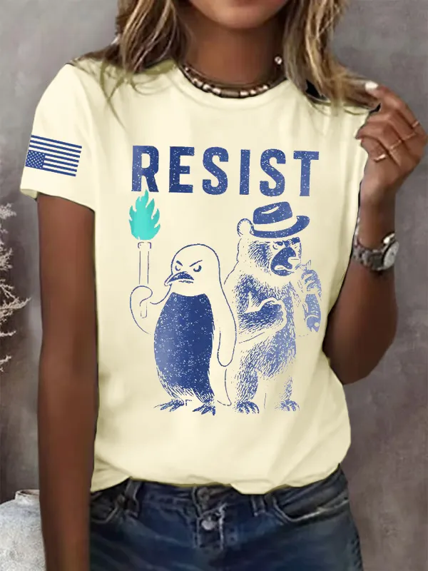 Women'S T-Shirt Vintage Bear And Penguin Anti-Print T-Shirt Pure Cotton Round Neck Short Sleeve