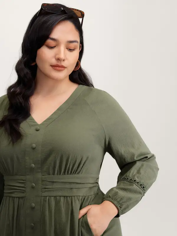 Cotton Pockets Shirred Waist Tiered Maxi Dress