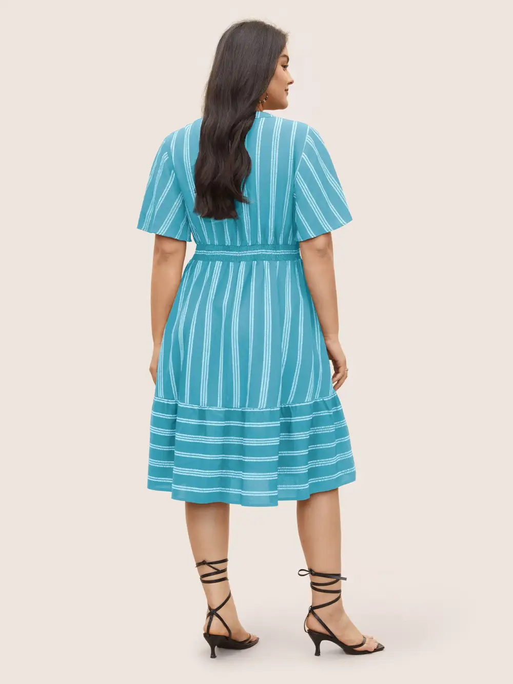 Striped Patchwork Tassels Ties Shirred Dress