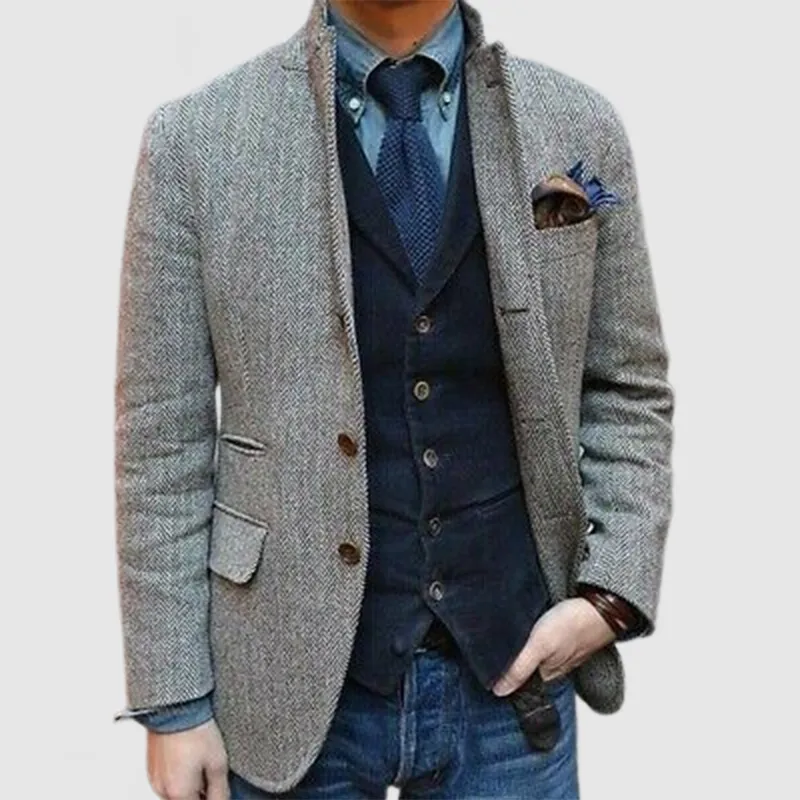 Men's Elegant Lapel Herringbone Wool Blazer ( NEW )
