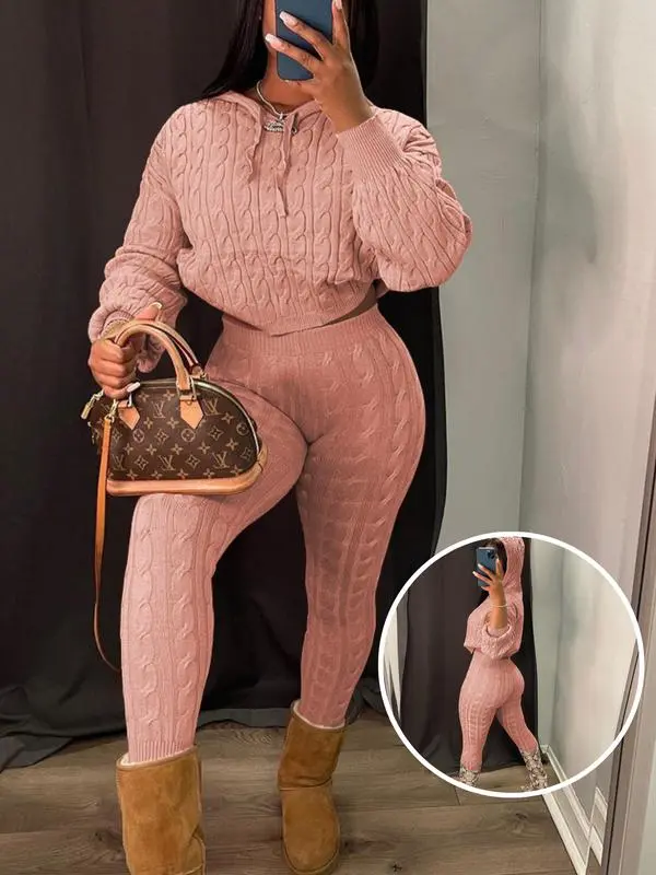 Two-piece Set Women's Solid Drop Shoulder Cable Knit Crop Sweater & High Waist Pants