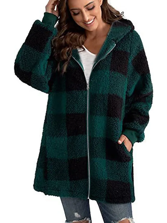 Women's Fleece Jacket Fleece Basic Pocket Zip Up Black Light Green Red Plaid Street Casual Hoodie Long Sleeve Top Micro-elastic Fall & Winter