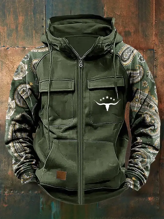 Men's Vintage Paisley Art Print Multi-Pocket Jacket