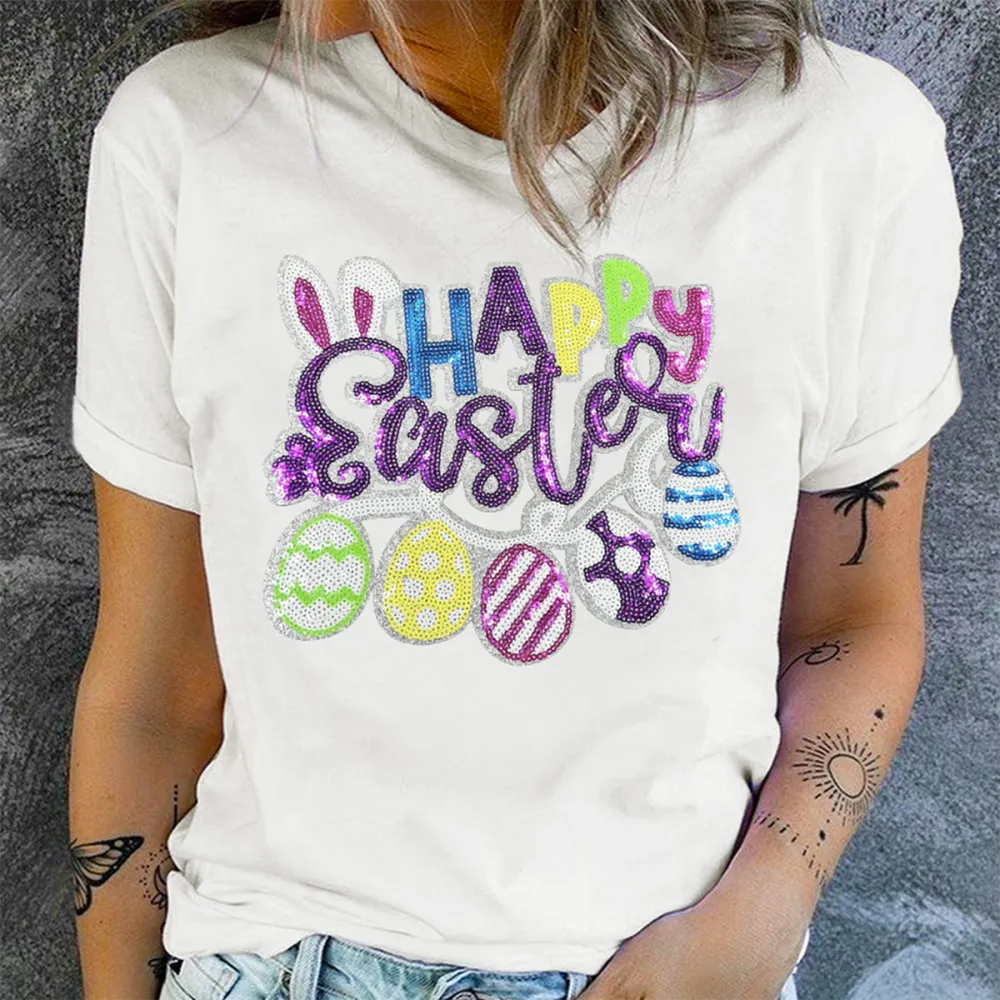 T-shirt Happy Easter Women Printed Round Neck Short Sleeve