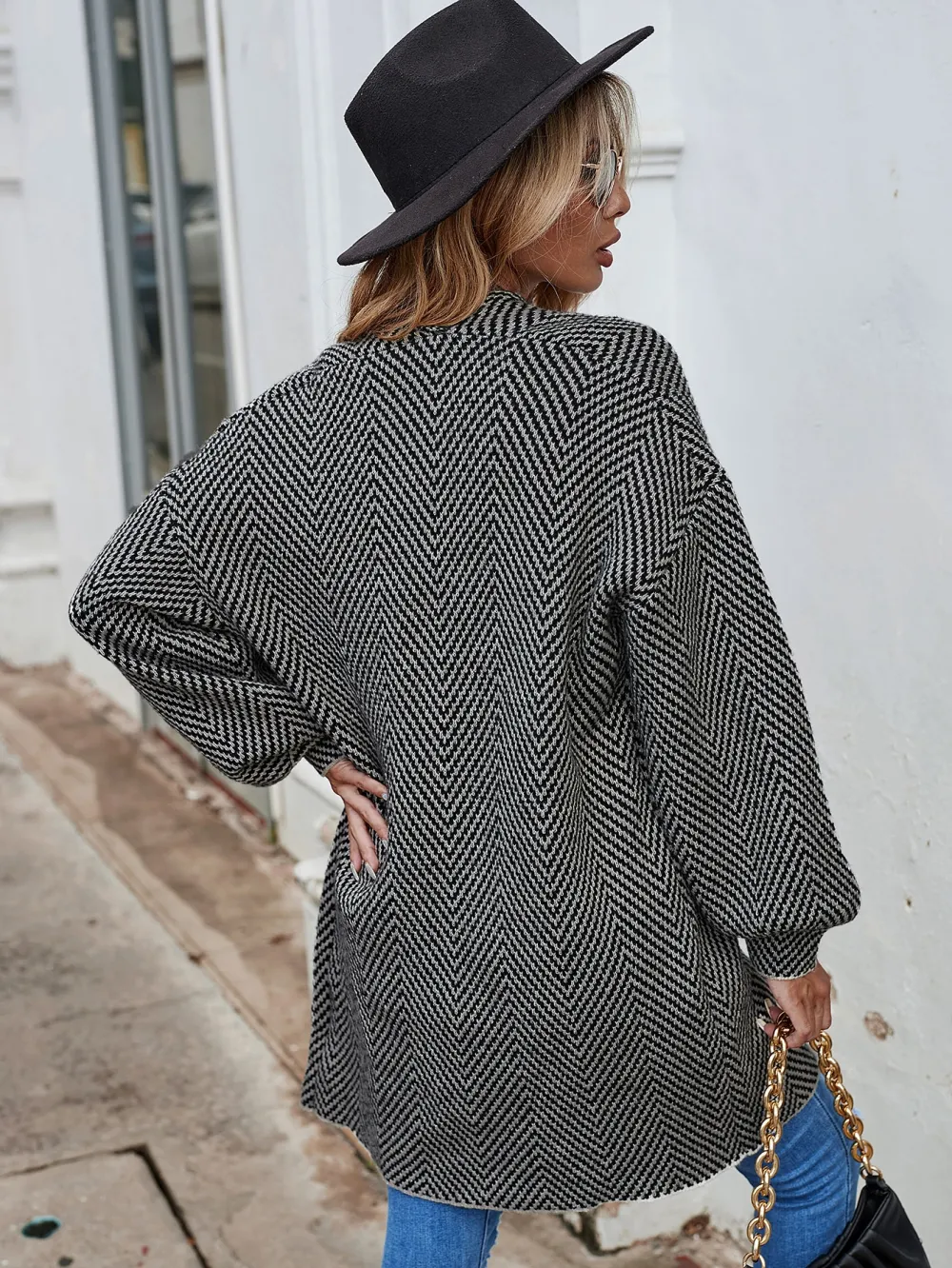 Chevron Pattern Bishop Sleeve Duster Cardigan
