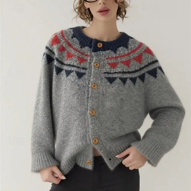 Women's Sweater Cardigan Fair Isle Sweater Vintage Fashion Streetwear Geometric Crew Neck Buttons Knitted Long Sleeve Regular Tops Knit Outdoor Daily Weekend Yellow Apricot Fall Winter