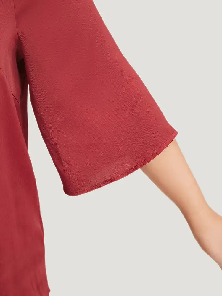 Anti-Wrinkle Plain Buckle Detail Neck Cut Out Blouse