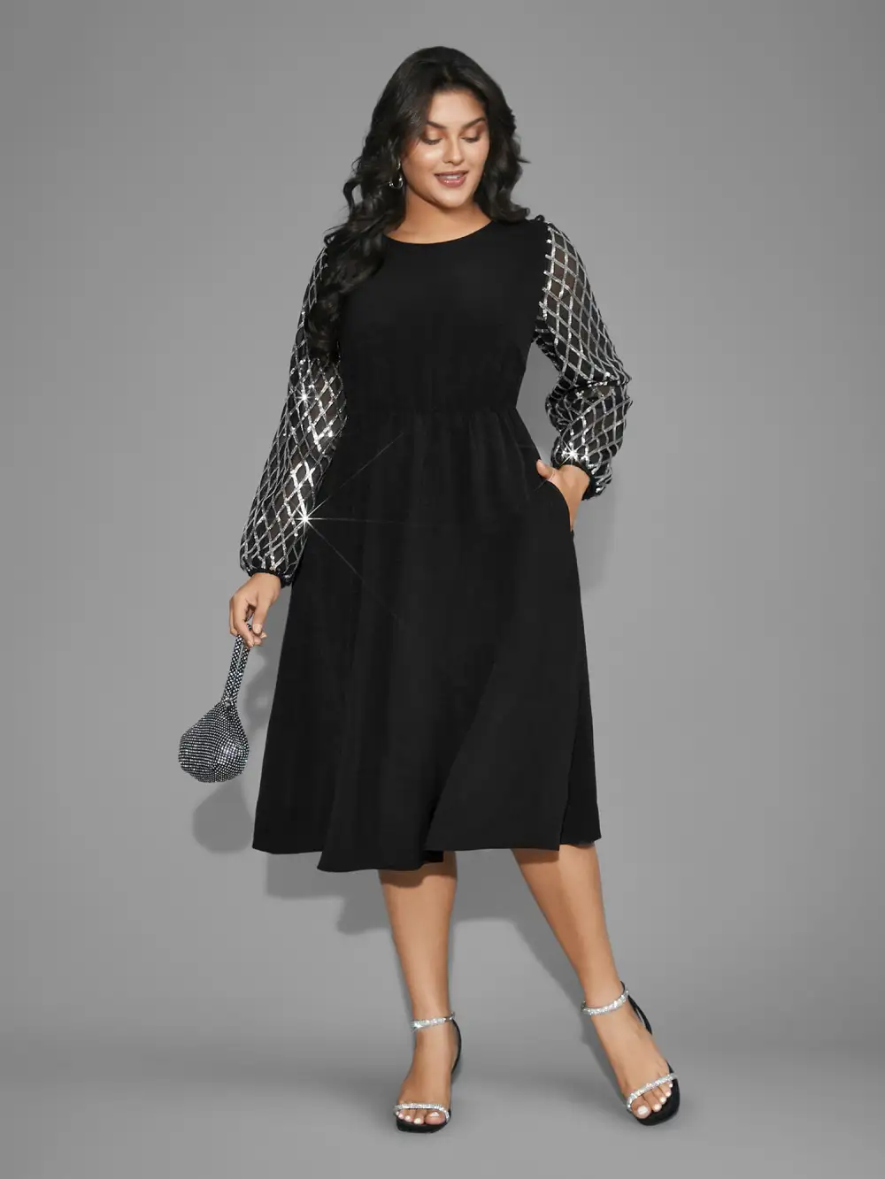 Texture Sequin Mesh Patchwork Belted Dress