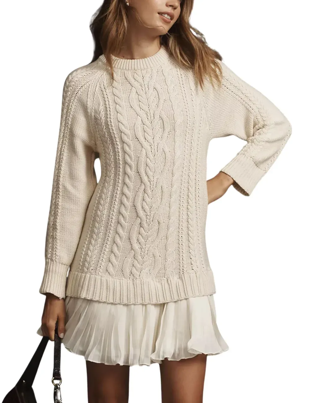 ✨Women Crewneck Cable Knit Sweater Mini Dress