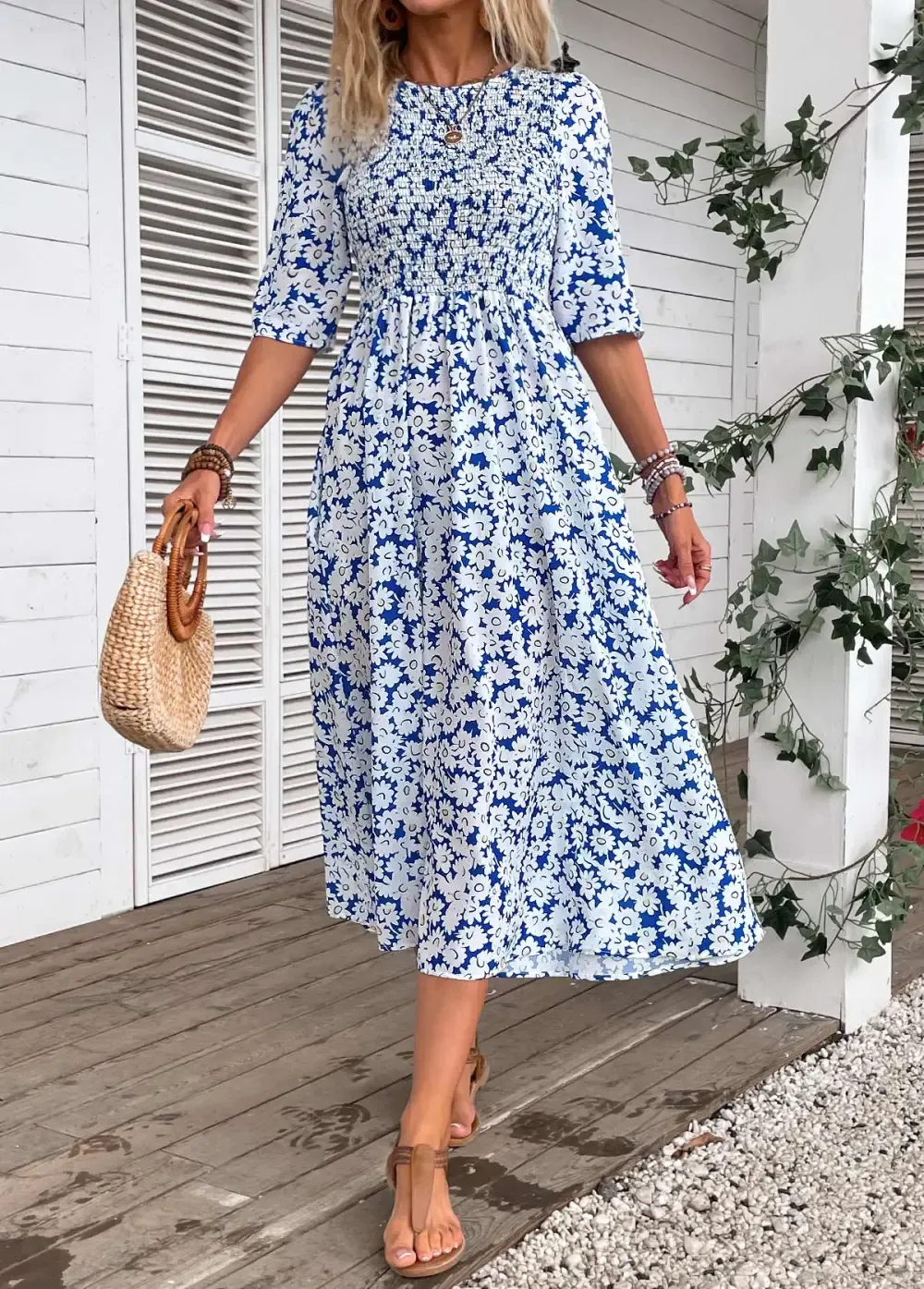 Blue Smocked Ditsy Floral Print Half Sleeve Dress