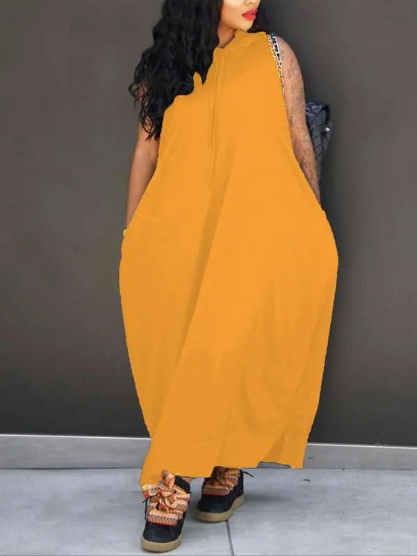 Women's Hooded Tank Maxi Dress – Sleeveless, Drawstring Waist, Pockets, Casual Summer Style