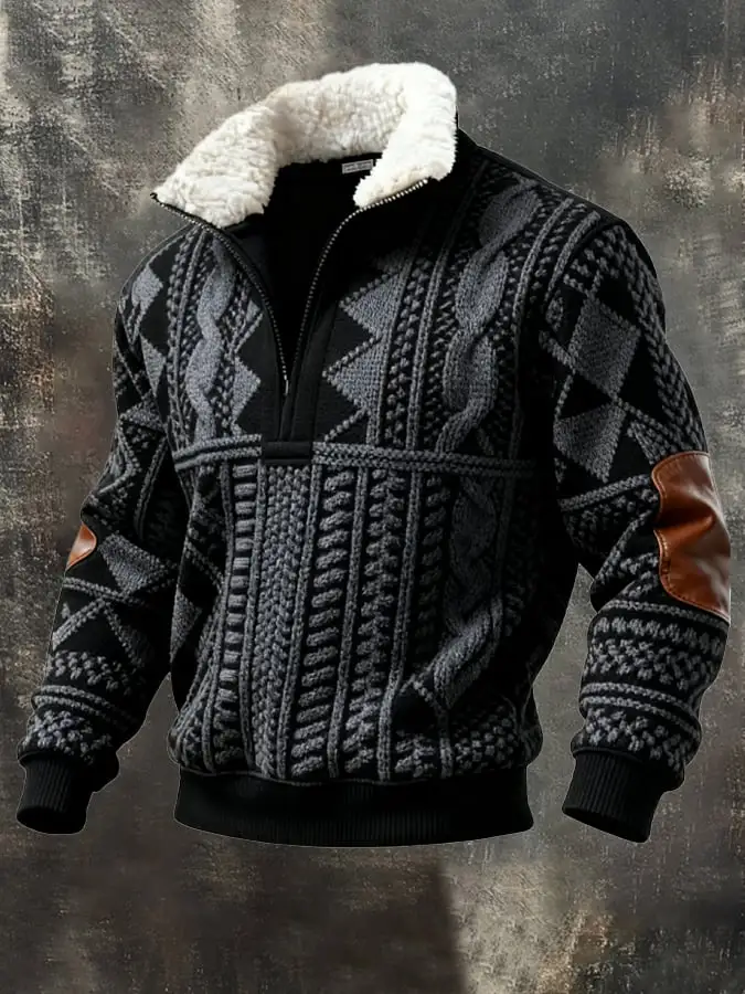 Men's Retro Color Block Print Casual Fur Collar Sweatshirt