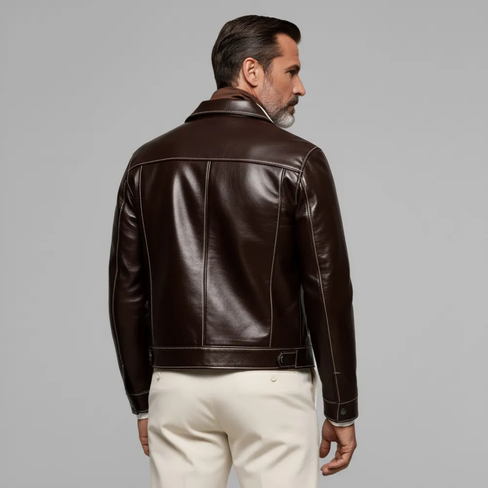 Men's Brown Shirt Collar Long Sleeve Button Contrast Stitched Flap Pockets PU Leather Jacket