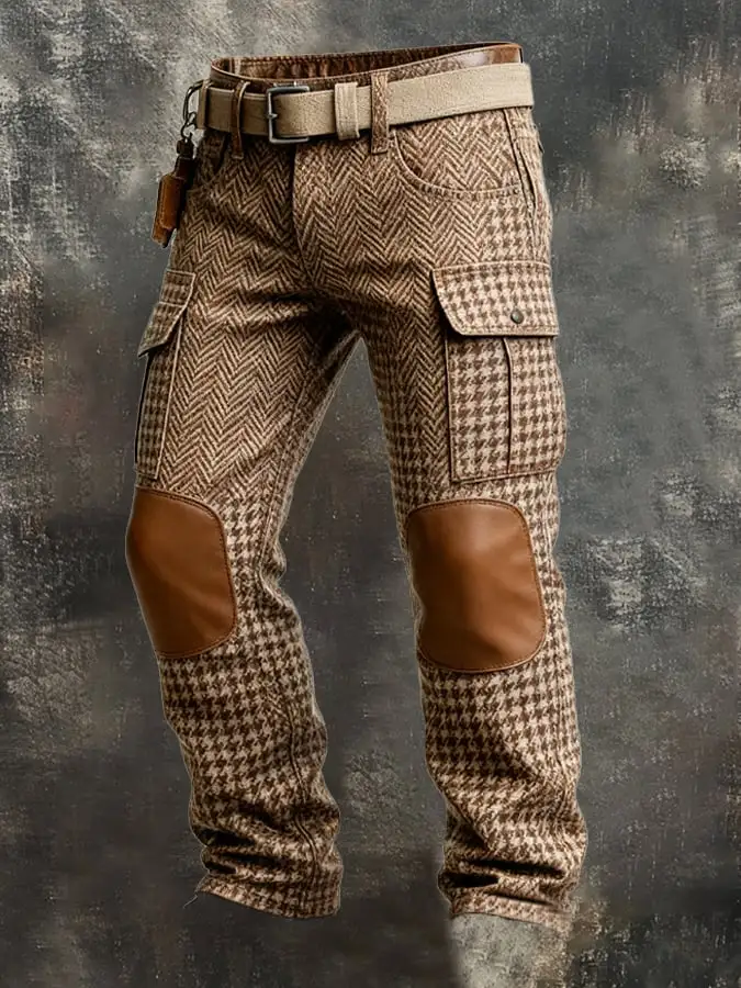 Men's Retro Herringbone Houndstooth Pattern Multi-Function Pocket Work Pants