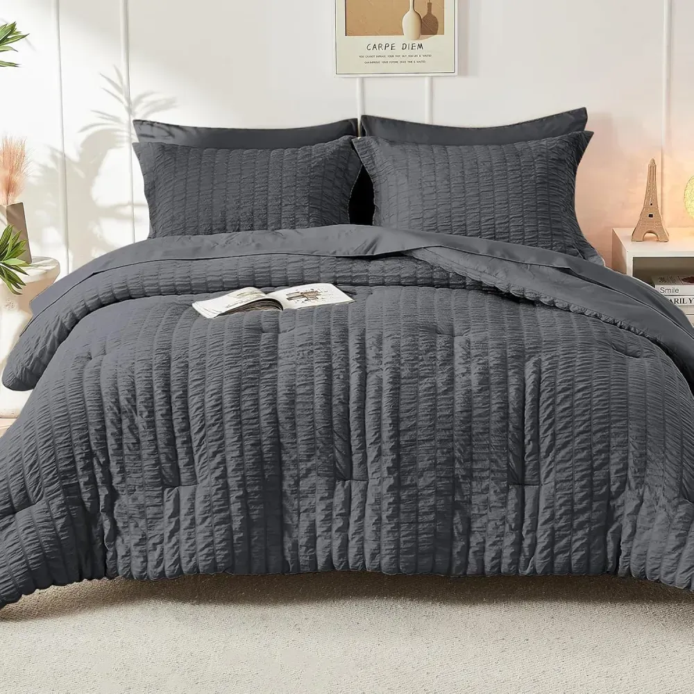 Queen Comforter Set Seersucker 7 Pieces, All Season Luxury Bed in a Bag for Bedroom, Bedding Set with Comforters, Sheets, Pillowcases & Shams, Dark Grey