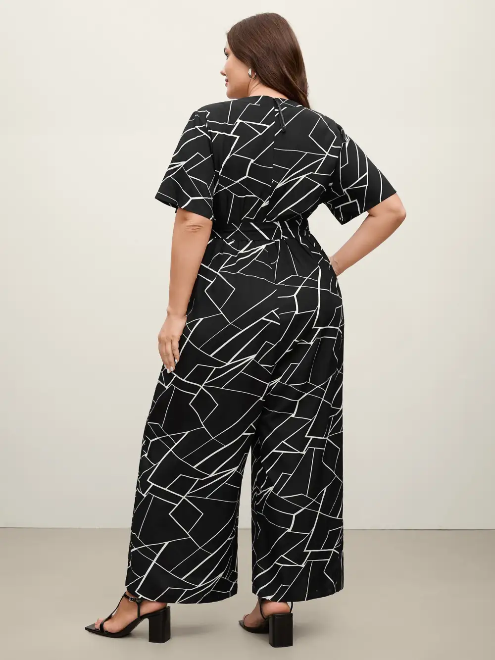 Geometric Print Waist-Defining Belted Jumpsuit