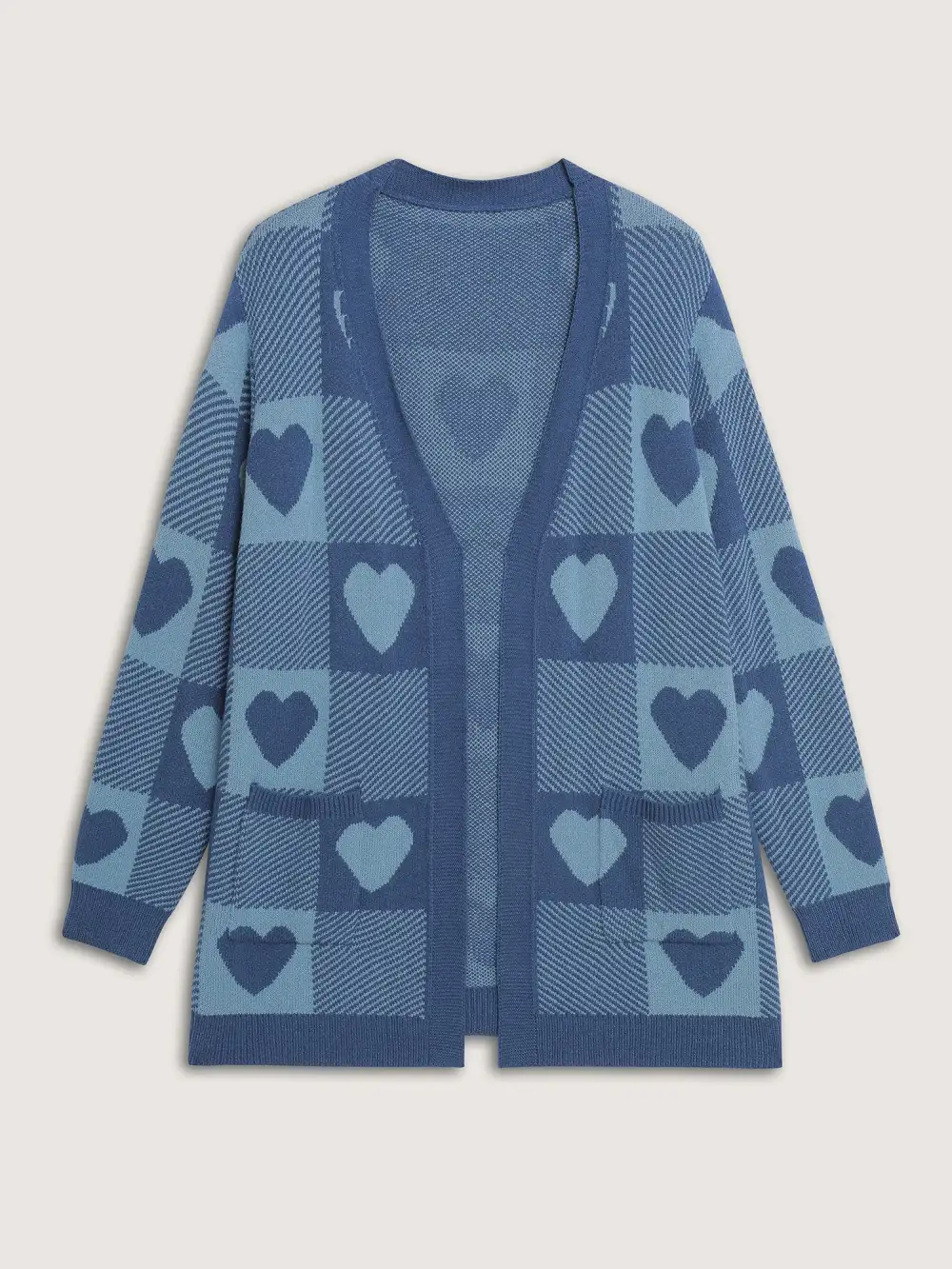 Checkered Hearts Jacquard Pockets Knit Cardigan