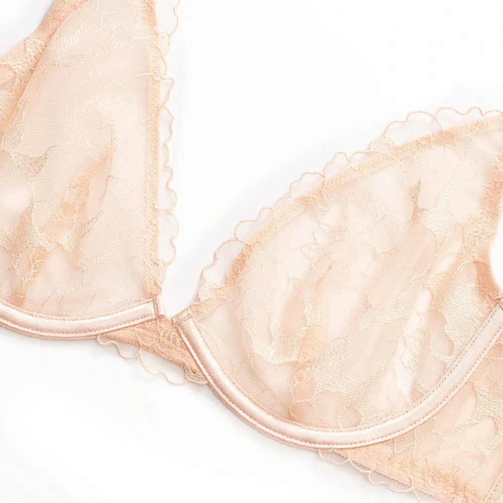 Women's Sexy Lace Bra Unlined Mesh Floral Embroidered Demi Bra Underwire