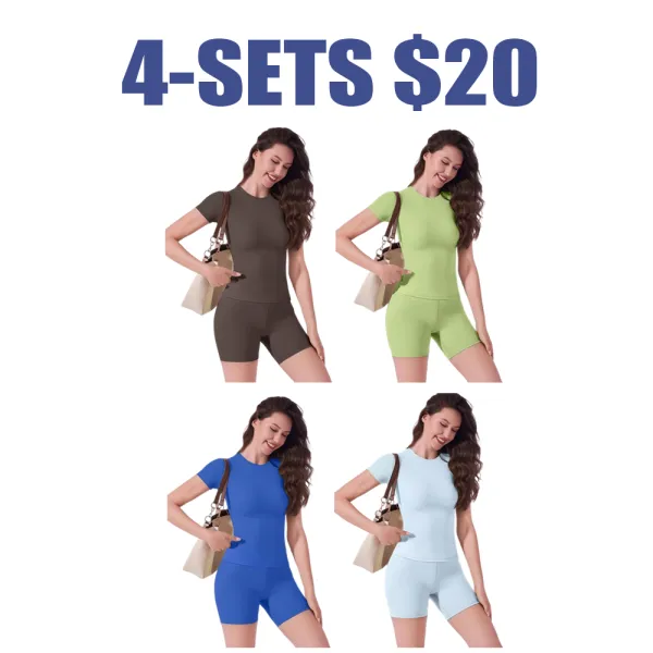 Women's 2-Piece Solid Set: Round Neck Tee & High Waist Biker Shorts For gym, yoga, workout & casual use