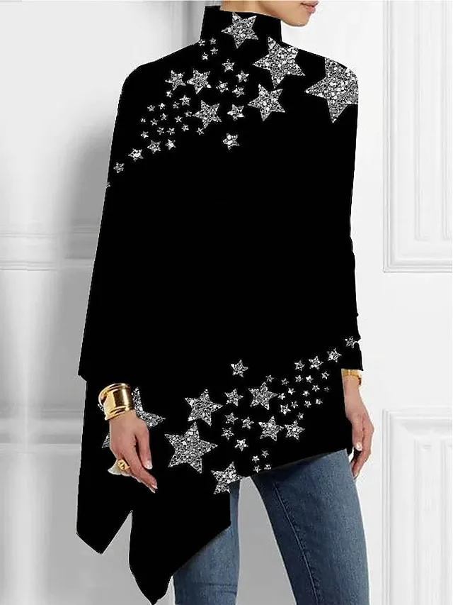 Women's Plus Size Shirt Blouse Butterfly Star Silver Black White Asymmetric Print Long Sleeve Casual Basic High Neck Regular Fit Spring Fall
