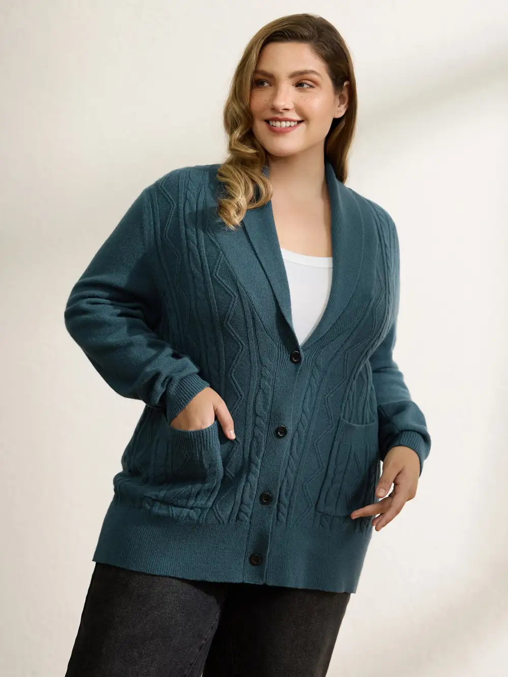 Cable Knit Pockets Shawl Collar Knit Cardigan