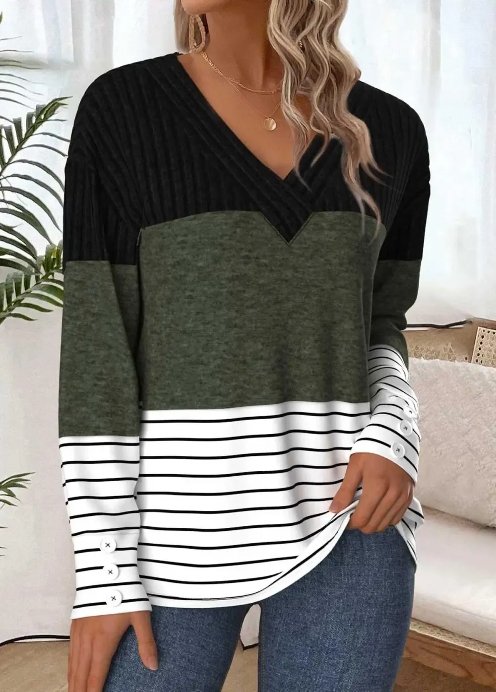 Olive Green Tummy Coverage Striped Long Sleeve T Shirt