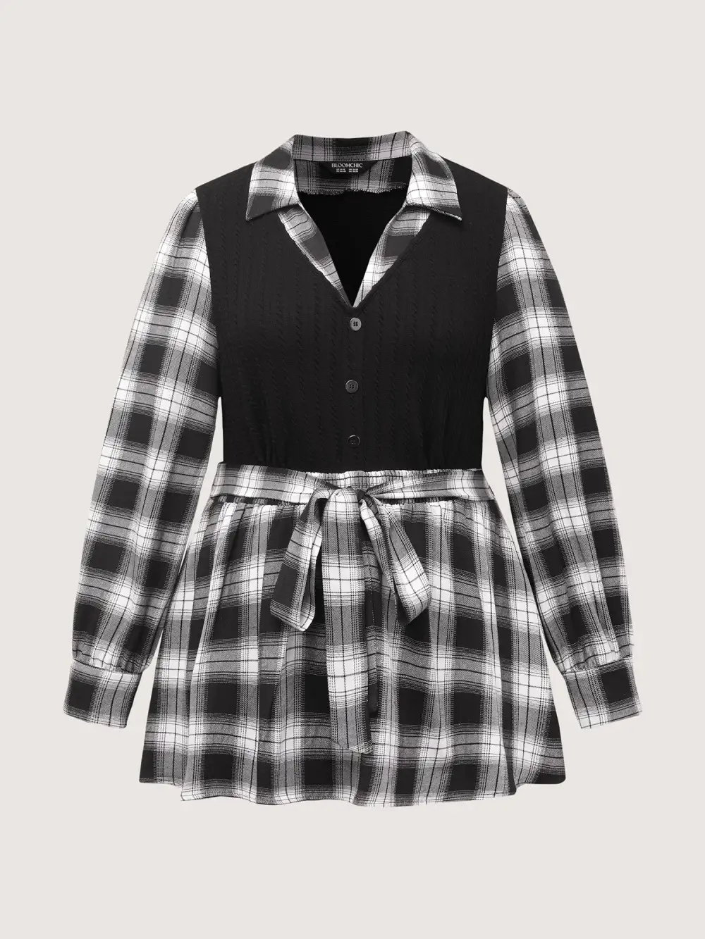 Checkered Faux-Layered Button Detail Blouse