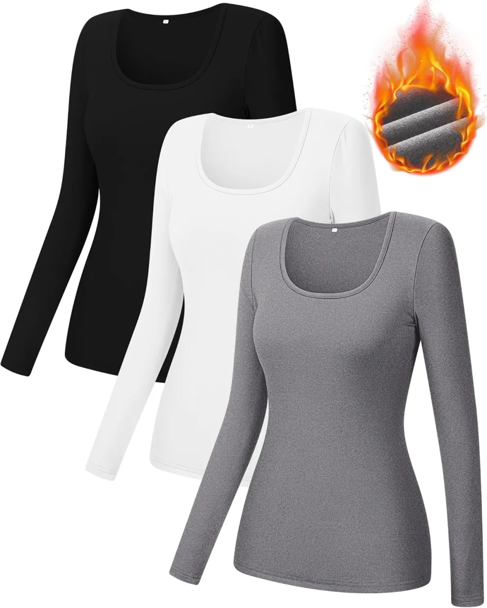 3 Pack Women's Thermal Long Sleeve Shirts Fleece Lined Scoop Neck Stretch Fitted Tops Winter Base Layer Underwear