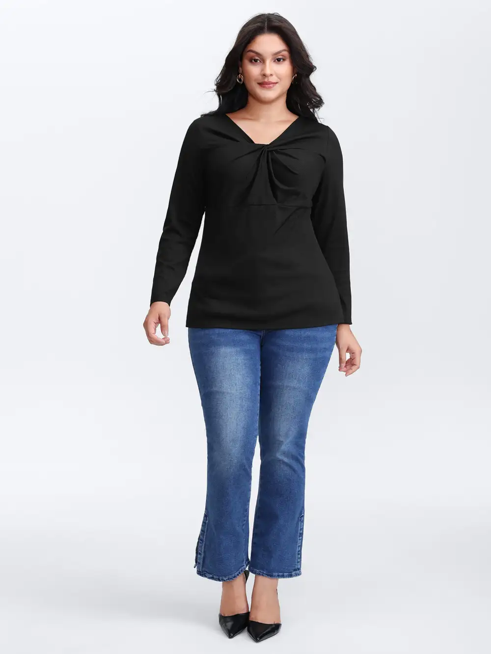 Stretchy Knotted Neckline Cozy Knit Top