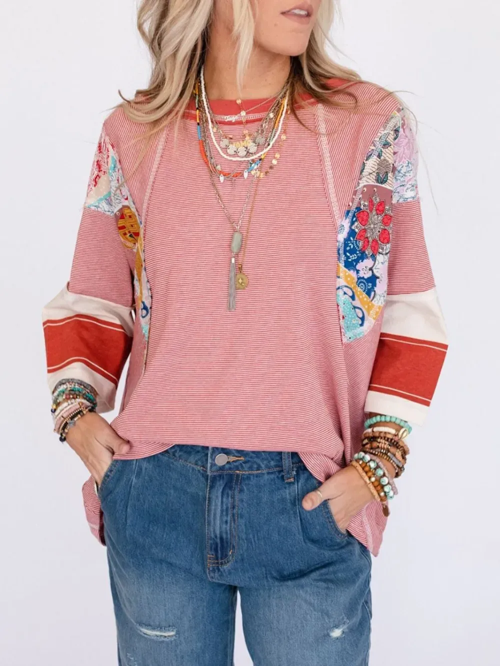 ✨Women's Casual Striped Floral Print Patchwork Oversized 3/4 Sleeve Top