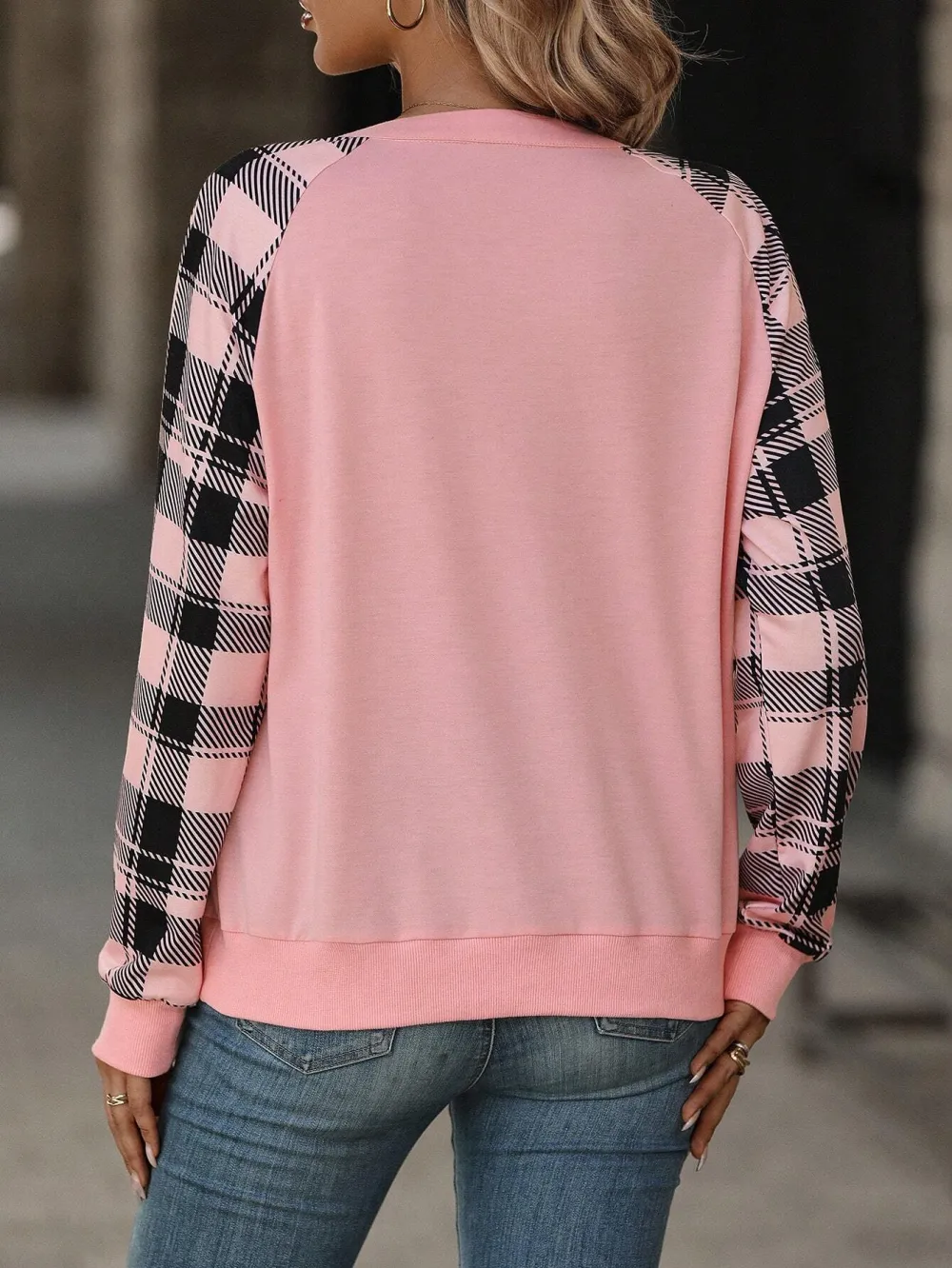 Plaid Raglan Sleeve Notched Neckline Sweatshirt