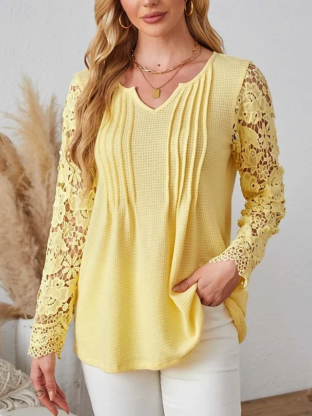 Women's Blouse Textured Ribbed Solid Color Eyelet Daily Elegant Stylish Puff Sleeve Long Sleeve