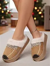 Women's Faux Fur Lined Rhinestone Slippers, Warm Plush Non-Slip Indoor Shoes, Elegant Winter House Footwear for Holiday Comfort