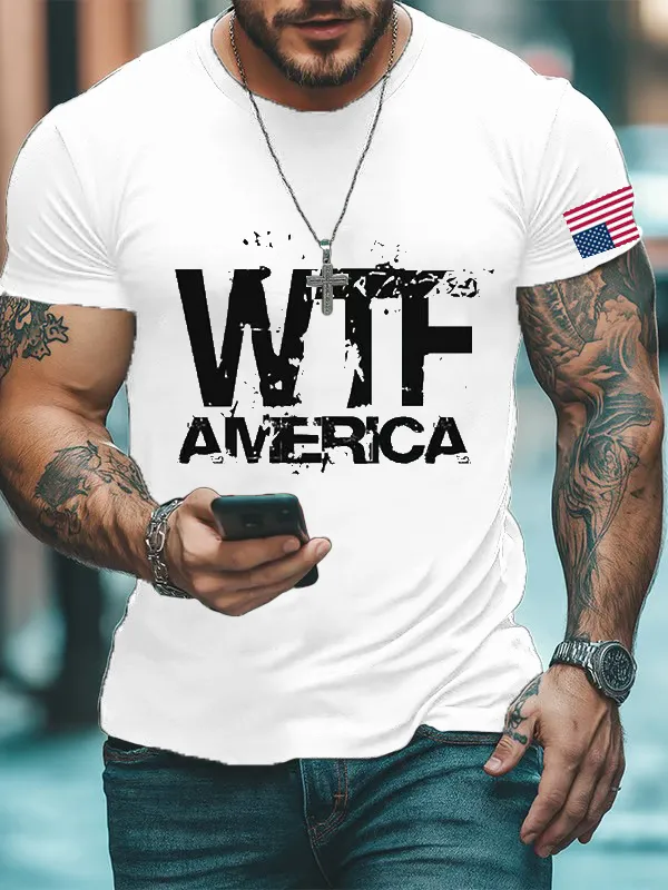 Men'S Retro America WTF Print Casual Round Neck T-Shirt